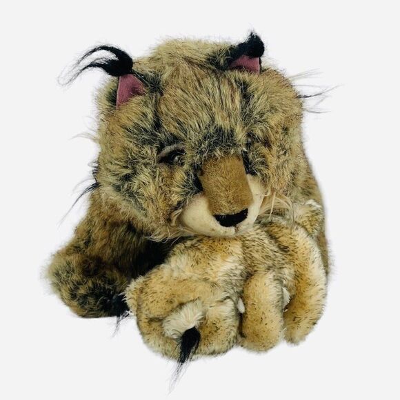 RARE Vintage 90s Large 27" Realistic Lynx with Baby Kitten Cub Plush Wildcat Toy - Picture 5 of 12